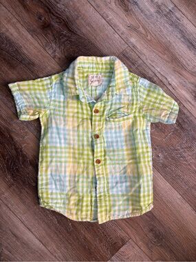 Boys Short Sleeve Plaid Button-Down Shirt - Green & Light Blue muslin cotton 4/5